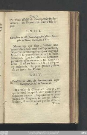 LXIII. Caractére de M. Jean-Baptiste Colbert Marquis de Torci, Secretaire d'Etat.