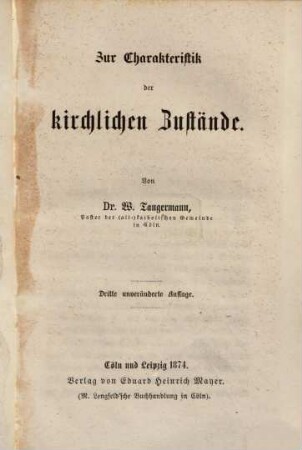 Zur Charakteristik der kirchlichen Zustände
