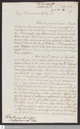 Brief von Johann Caspar Kohlhoff an Gottlieb Anastasius Freylinghausen.