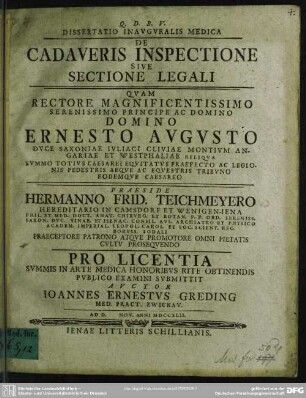Dissertatio Inauguralis Medica De Cadaveris Inspectione Sive Sectione Legali