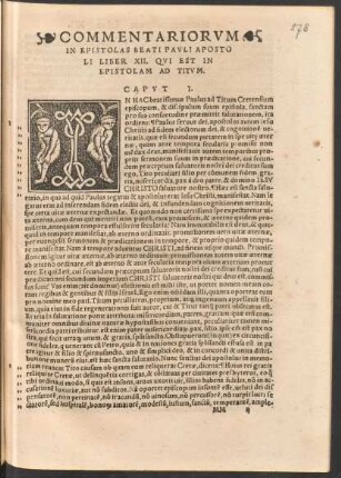 Commentariorum In Epistolas Beati Pauli Apostoli Liber XII. Qui Est In Epistolam Ad Titum.