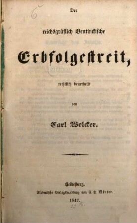 Der reichsgräfl. Bentinckische Erbfolgestreit
