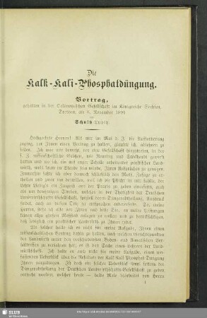 Die Kalk-Kali-Phosohatdüngung : Vortrag, gehalten in der Oekonomischen Gesellschaft im Königreiche Sachsen, Dresden, am 6. November 1891