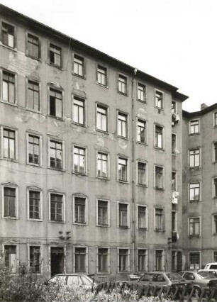 Dresden-Neustadt, Bautzner Straße 23/25. Doppelwohnhaus mit Läden (1877). Rechtes Hintergebäude