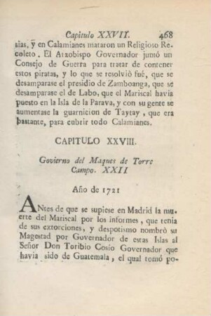 Capitulo XXVIII. Govierno del Maques de Torre Campo. XXII