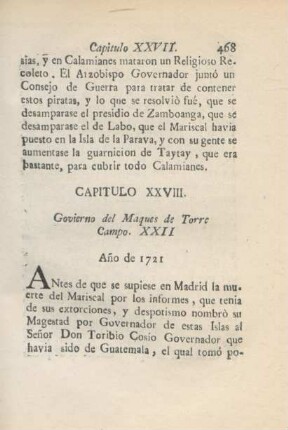 Capitulo XXVIII. Govierno del Maques de Torre Campo. XXII