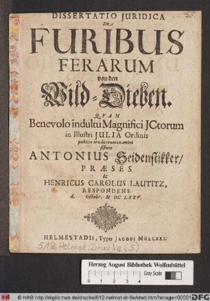 Dissertatio Iuridica De Furibus Ferarum