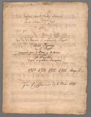 Variations, pf 4hands, op. 96/1, C-Dur, Excerpts - BSB Mus.Schott.Ha 4712-2 : [title on p. 1, autograph:] Rondeau pour le Piano á 4 mains // sur un Thême de L. Puget. // op: 96. // Paris chez J. Meissonnier _ Londres chez Chappell. // [publisher's additions:] Airs Favoris // de L Puget // composés pour le Piano a 4 mains // par // Fr Hünten // divisés en quatre Livraisons // 4913. 4914. 4915. 4916 chaque f 1 - // Zum Erscheinen d 6 Jan 1838