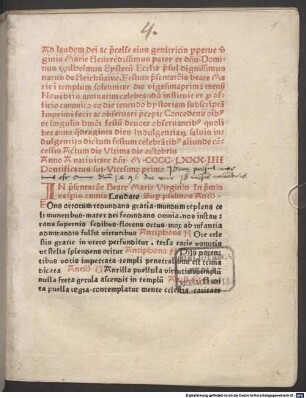 Officium de festo praesentationis beatae Mariae virginis : gedruckt im Auftrag von Wilhelm von Reichenau, Bischof von Eichstätt, 31. 10. 1484