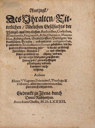 Auszugk des uhralten, Ritterlichen, Adelichen Geschlechts der Thangel