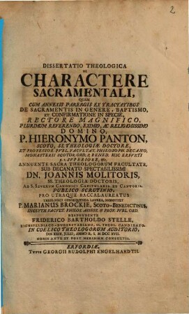 De charactere sacramentali ... cum annexis parergis ex tractatibus de sacramentis in genere, baptismo et confirmatione in specie
