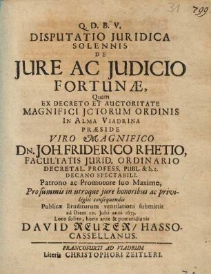 Disputatio Iuridica Solennis De Iure Ac Iudicio Fortunae