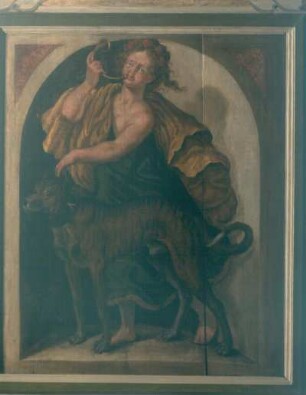 Gefährtin der Diana mit Jagdhund (Johann Georgs I.) : Schiebling, Christian (zugeschr.), Wiebel, Centurio (zugeschr.): Gefährtin der Diana mit Jagdhund (von Johann Georg I.). Malerei auf Holz, fast lebensgroß. Radebeul, Berg- und Lusthaus Hoflößnitz, Wohnraum des Kurfürsten