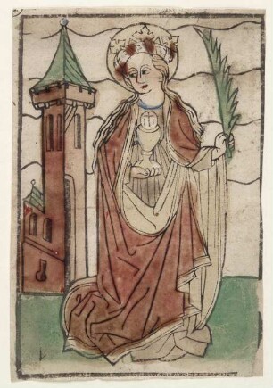 Heilige Barbara : Heilige Barbara. Holzschnitt, koloriert; 289 x 200 mm (Blattgröße). 15. Jh.