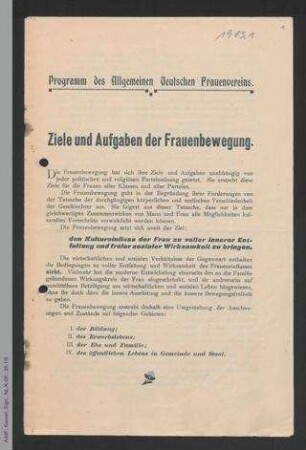 Programm des Allgemeinen Deutschen Frauenvereins - Ziele und Aufgaben der Frauenbewegung