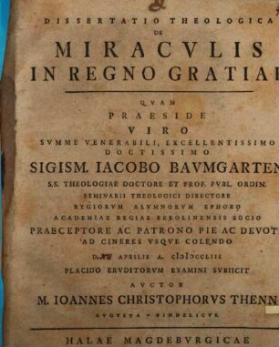 Dissertatio Theologica De Miracvlis In Regno Gratiae