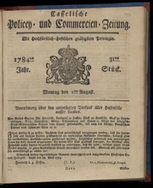 31tes Stueck, Montag den 2ten August. 1784