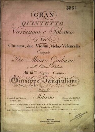 Gran quintetto, variazioni e polonese : per chitarra, due violini, viola, e violoncello ; Opera 65