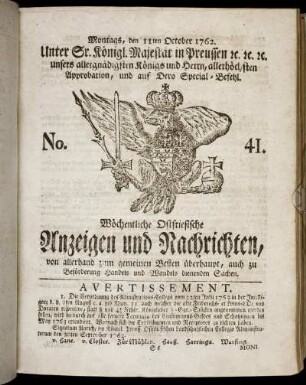 No. 41. Montags, den 11ten October 1762.