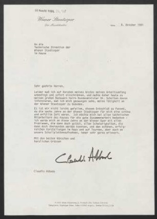 Brief an Wiener Staatsoper. Technische Direktion, 09.10.1991
