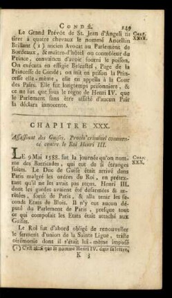Chapitre XXX. Assassinat des Guises. Procès criminel commencé contre le Roi Henri III.