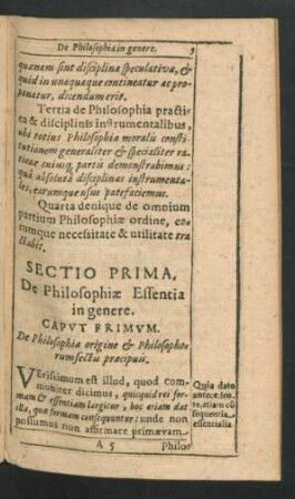 Sectio Prima. De Philosophiae Essentia in genere.