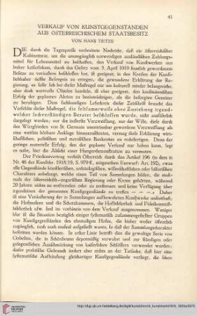 Neue Folge 31 = Jahrgang 55: Verkauf von Kunstgegenständen aus österreichischem Staatsbesitz
