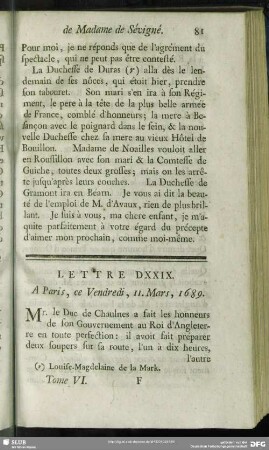 Lettre DXXIX. A Paris, ce Vendredi, 11. Mars, 1689