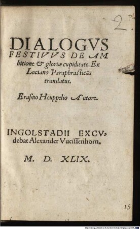 Dialogus festivus de ambitione et gloriae cupiditate