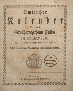 1841: Amtlicher Kalender für das Großherzogthum Fulda