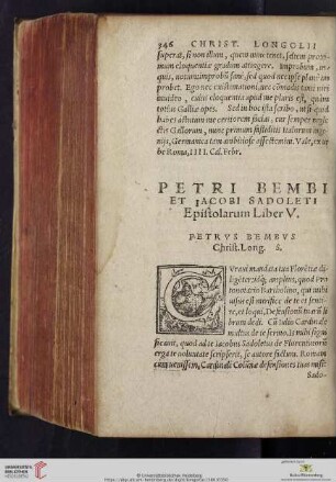 Petri Bembi Et Iacobi Sadoleti Epistolarum Liber V