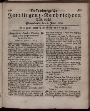 XXII. Stück: Sonnabends: den 1. Junii 1776.