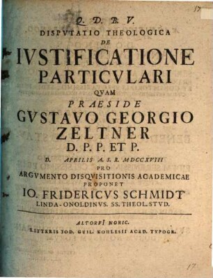 Dispvtatio Theologica De Ivstificatione Particvlari