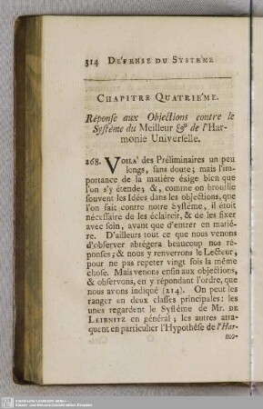Chapitre Quatrième. Réponse aux Objections contre le Système du Meilleur & de l´Harmonie Universelle