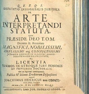Disputatio inauguralis juridica De arte interpretandi statuta