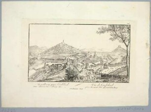 Ortsansicht von Karlsbad in Böhmen vom Laurentiusberg mit der Laurentiuskapelle nach Nordwesten auf das Flüsschen Tepl und den Schlossberg (heute Blick vom Hotel Imperial über die Teplá in Karlovy Vary in Tschechien)
