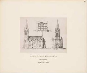 Kirche am Urban, Berlin: 1 Synopse zweier Querschnitte, 1 Seitenansicht, 1 Vorderansicht