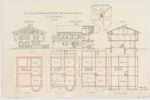 Thiersch, August ; Kiefersfelden (Bayern); Wohnhaus Dachauer - Lageplan, Grundriss Keller, Grundriss EG, Grundriss 1. OG, Grundriss DG, Ansichten, Schnitt