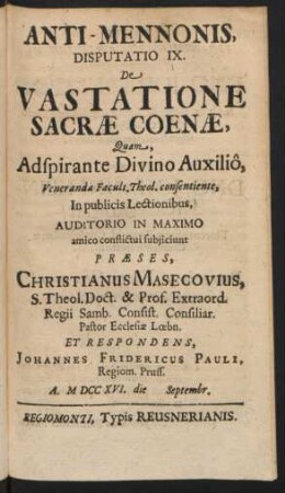 Anti-Mennonis, Disputatio IX. De Vastatione Sacræ Coenæ, ...