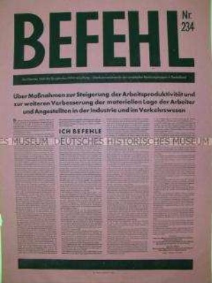 Maueranschlag mit Befehl der Sowjetischen Militärverwaltung in Deutschland über Maßnahmen zur Steigerung der Arbeitsproduktivität