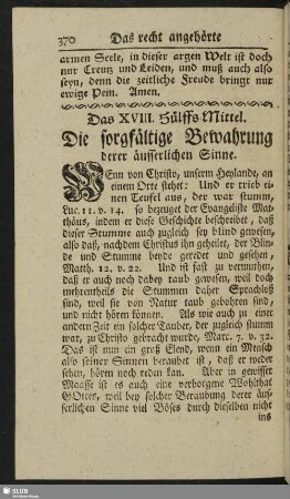Das XVIII. Hülffs-Mittel. Die sorgfältige Bewahrung derer äusserlichen Sinne