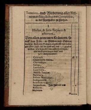 Taxation und Wirderung aller Artzneyen an Simplicibus und Compositis, in der Apothecken zu Cöthen