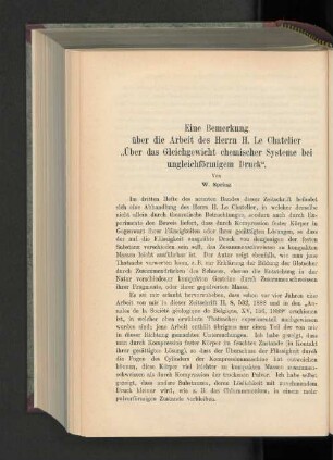 Eine Bemerkung über die Arbeit des Herrn H. Le Chatelier "Über das Gleichgewicht chemischer Systeme bei ungleichförmigem Druck".
