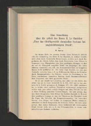 Eine Bemerkung über die Arbeit des Herrn H. Le Chatelier "Über das Gleichgewicht chemischer Systeme bei ungleichförmigem Druck".