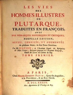 Les Vies Des Hommes Illustres De Plutarque, 1