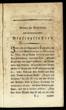 Beitrag zur Empfehlung des immerwährenden Blasenpflasters