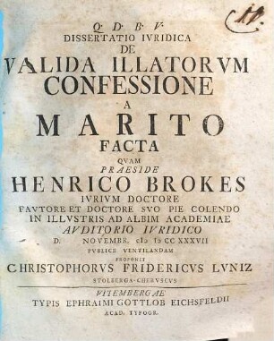 Dissertatio Ivridica De Valida Illatorvm Confessione A Marito Facta