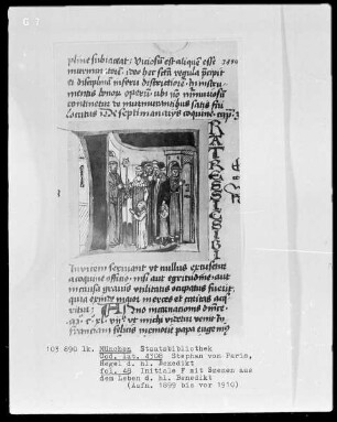 Stephan von Paris, Auslegung der Regel des heiligen Benedikt — Initiale F (ratres), darin Benedikt erhält Besuch von allerlei Volk, Folio 48recto