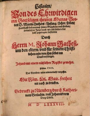 Historien von ... Mart. Luthers, anfang, lehr, leben und sterben