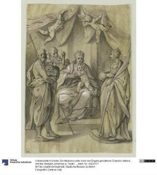 Die Madonna unter einer von Engeln gehaltenen Draperie sitzend, mit den Heiligen Johannes d. Täufer (links) und Katharina (rechts); links hinter Maria steht der h. Paulus